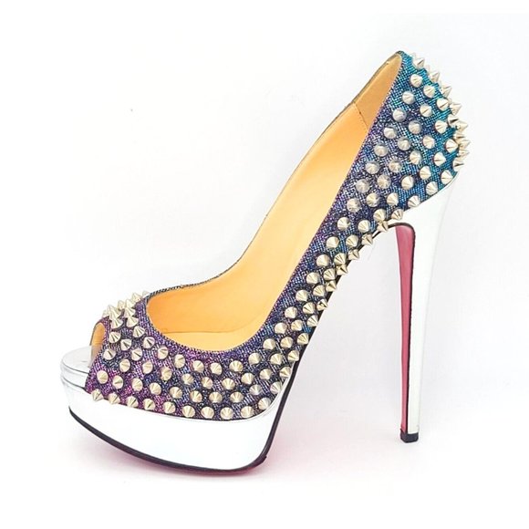 Christian Louboutin Shoes - CHRISTIAN LOUBOUTIN Pumps Lady Peep Spike 150 Heels 36 Turquoise Violet Silver